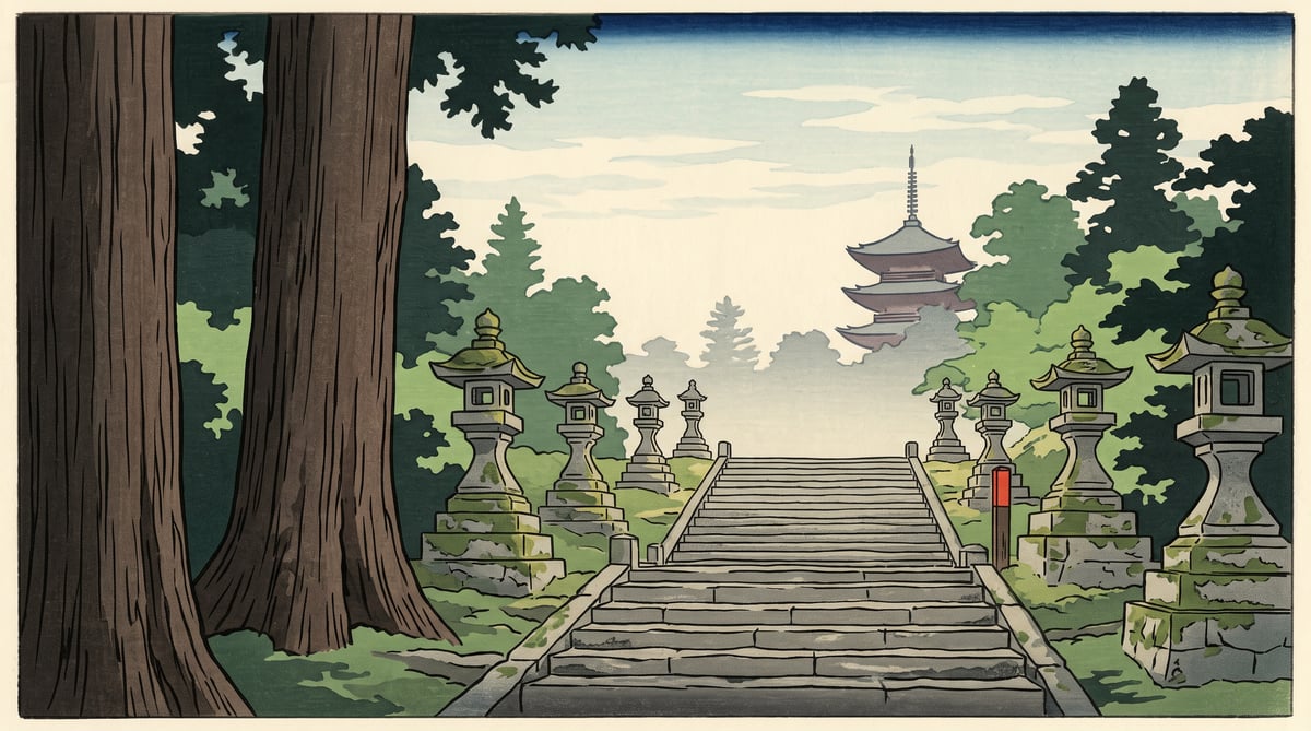 Illustration: worn stone steps climbing between stone lanterns, temple roofs above the trees, in early summer