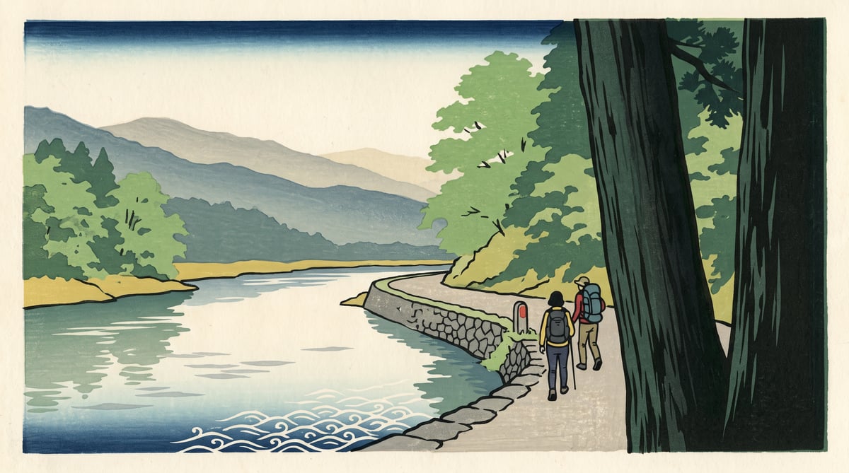 Illustration: an old highway winding beside the river, layered mountain ridges beyond, in early summer