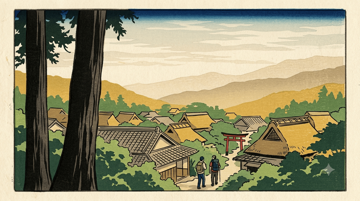 Illustration: the layered roofs of a mountain village, layered mountain ridges beyond, in early summer