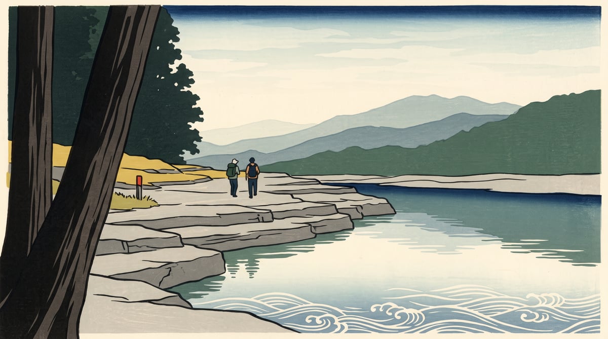 Illustration: a broad rock terrace stepping down to the river, layered mountain ridges beyond, in early summer