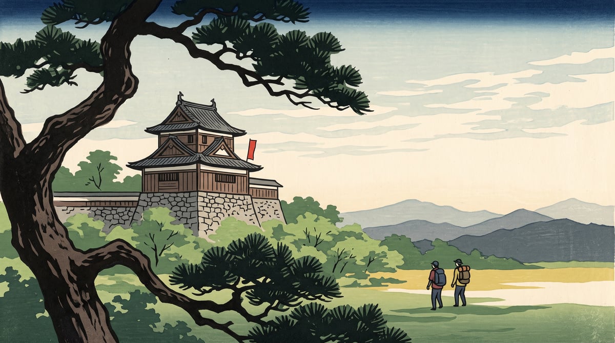 Illustration: a small castle keep above its stone ramparts, layered mountain ridges beyond, in early summer