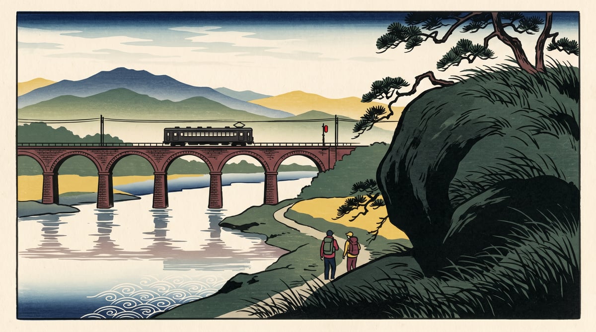 Illustration: a brick railway bridge crossing the river, layered mountain ridges beyond, in early summer