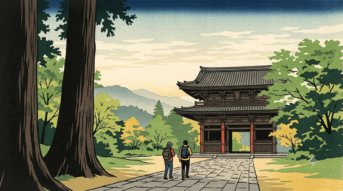 Illustration: a great wooden temple gate on its approach, layered mountain ridges beyond, in early summer