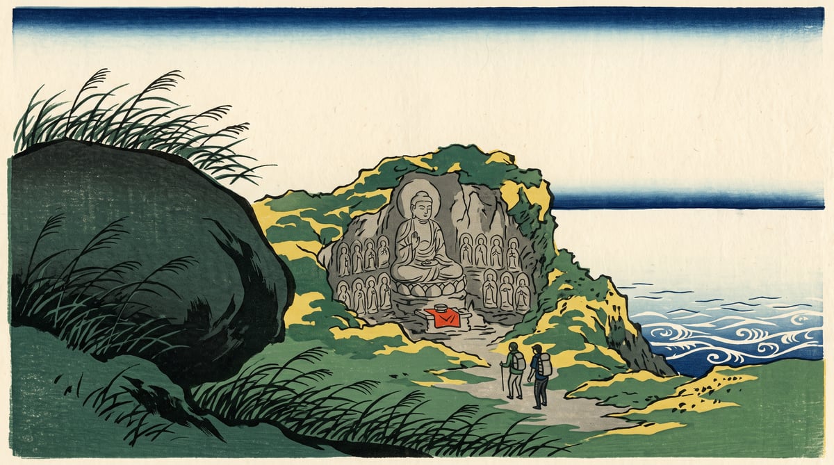 Illustration: a great stone buddha above rows of smaller stone figures, the wide bay beyond, in early summer