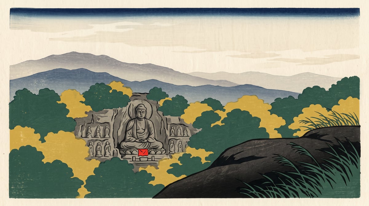 Illustration: a great stone buddha above rows of smaller stone figures, layered mountain ridges beyond, in early summer