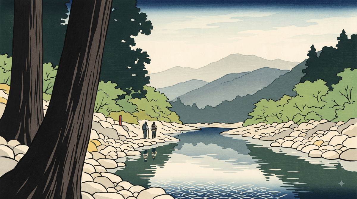 Illustration: a narrow river gorge lined with pale stones, layered mountain ridges beyond, in early summer