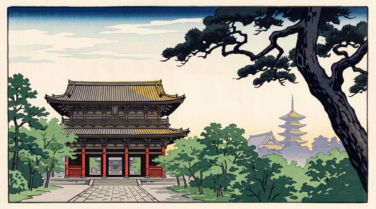 Illustration: a great wooden temple gate on its approach, temple roofs above the trees, in early summer