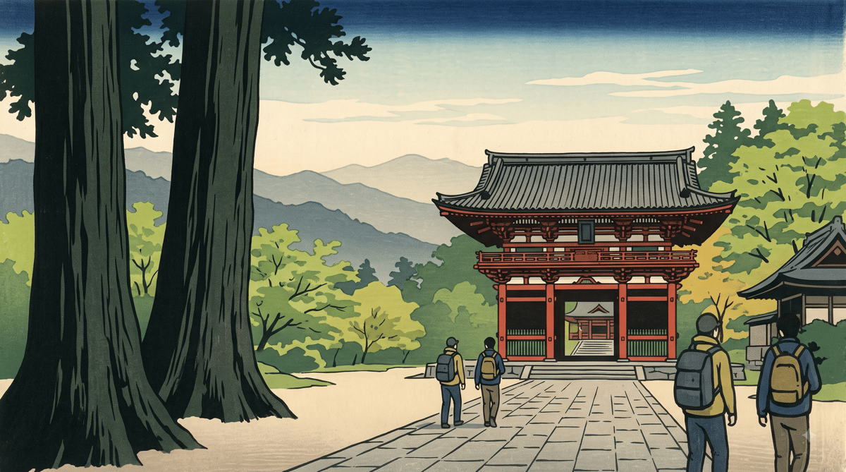 Illustration: a great wooden temple gate on its approach, layered mountain ridges beyond, in early summer
