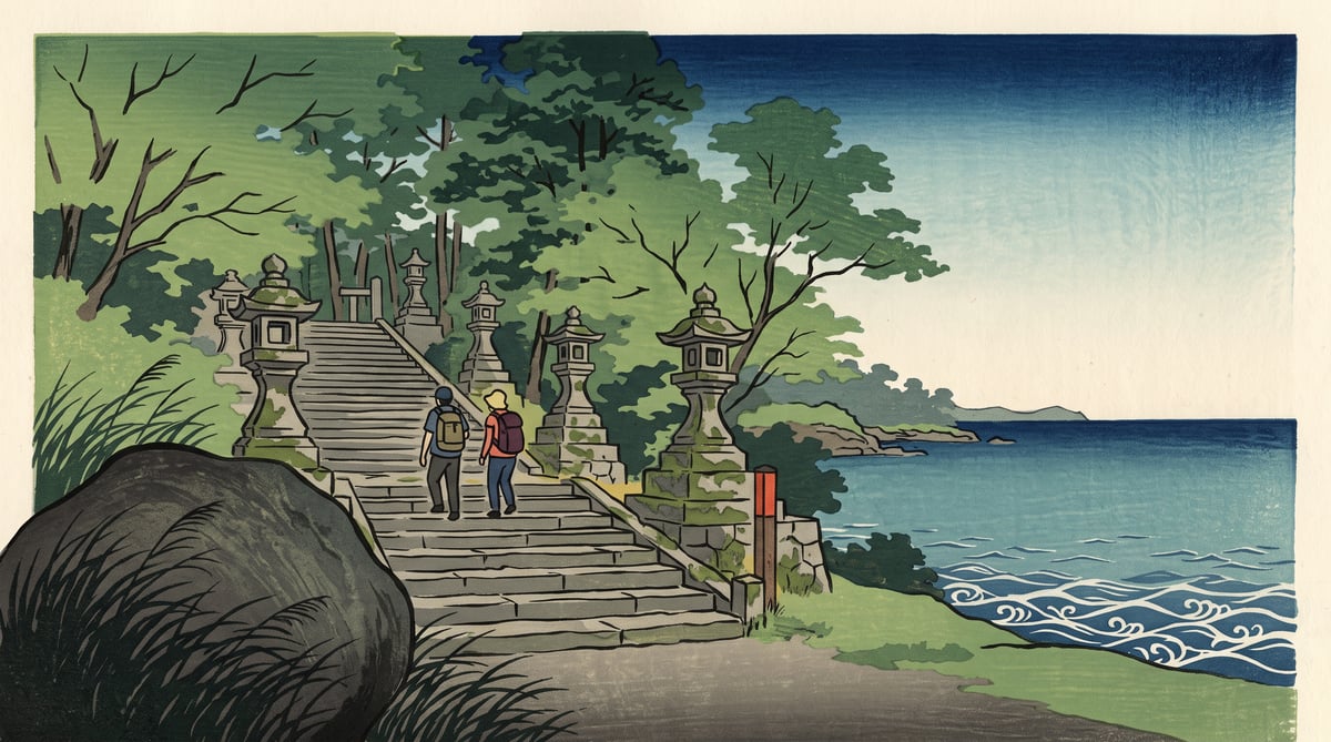 Illustration: worn stone steps climbing between stone lanterns, the wide bay beyond, in early summer