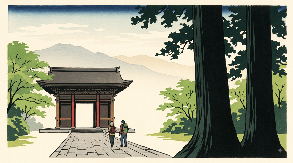 Illustration: a great wooden temple gate on its approach, layered mountain ridges beyond, in early summer