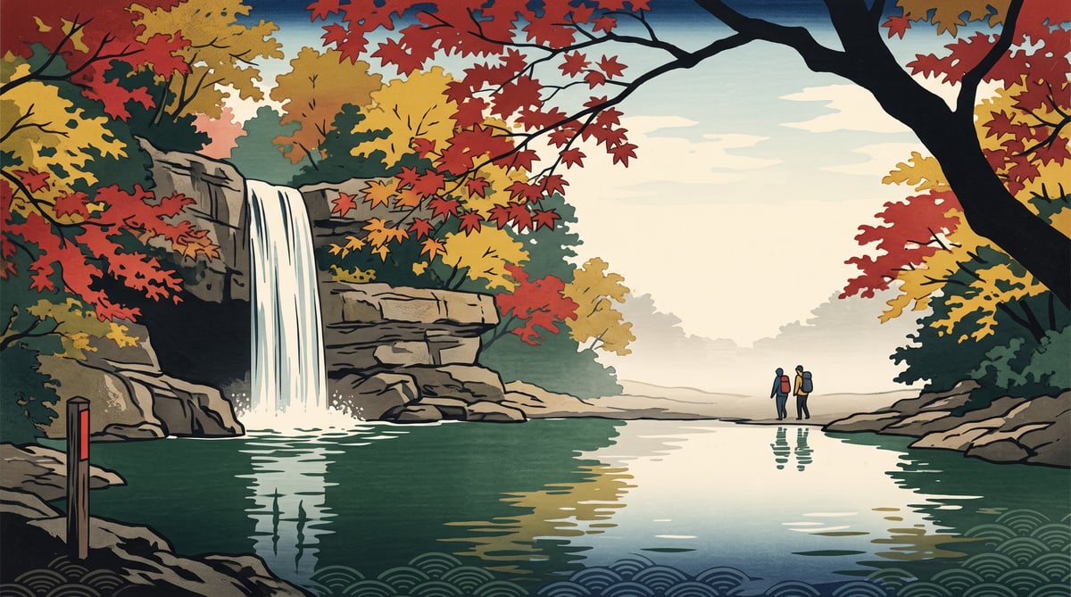 Illustration: a waterfall dropping into a green pool, the valley dissolving into haze, in autumn