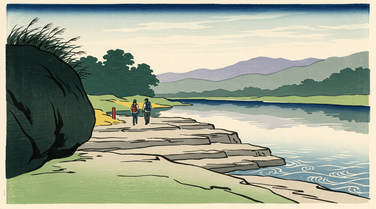 Illustration: a broad rock terrace stepping down to the river, layered mountain ridges beyond, in early summer